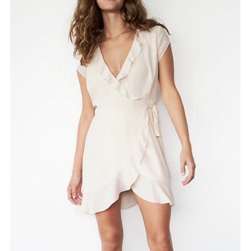 Sunday‎ Best Ivory Chiffon V Neck High Low Wrap Mini Dress Ruffle Hem Size 2
